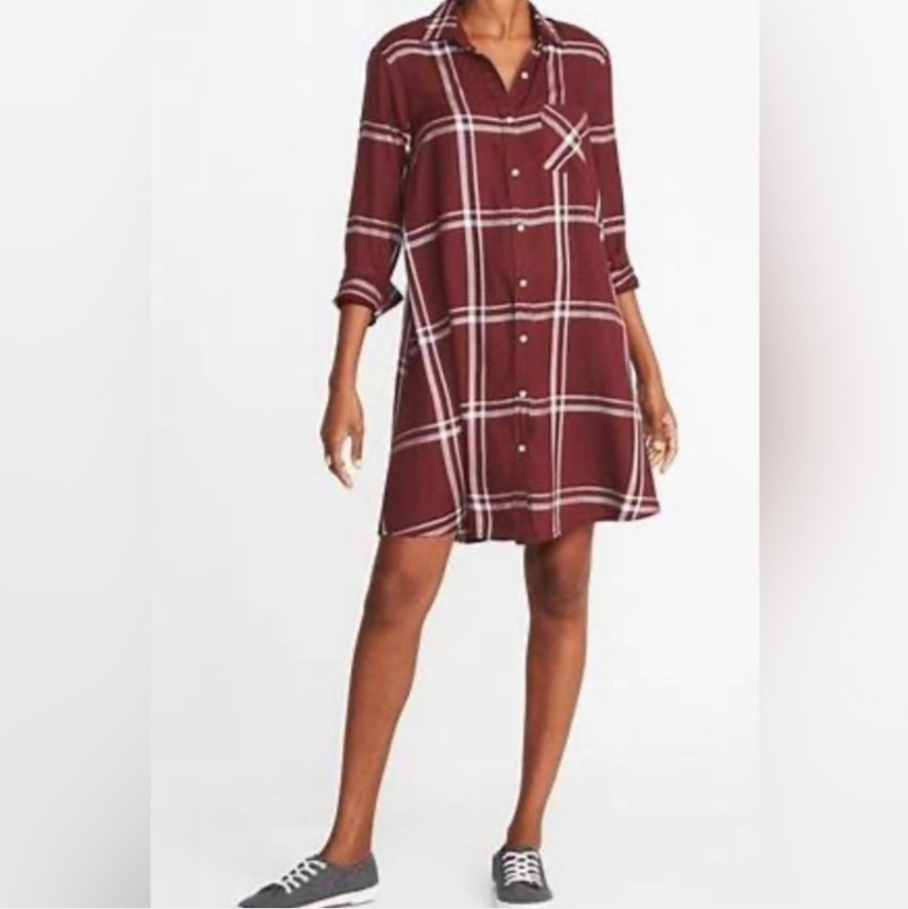 Old Navy Burgundy Plaid Mini Shirt Dress